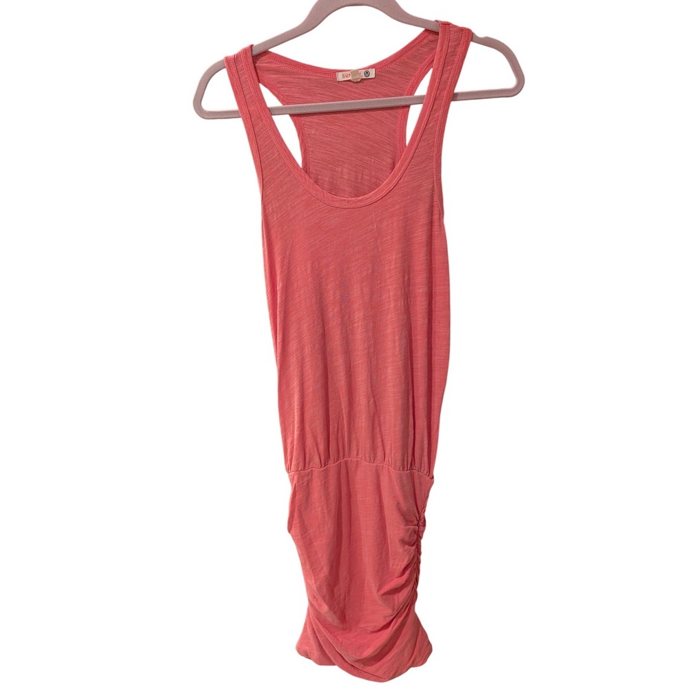 Sundry Women Coral Pink Ruched Racerback Mini Dress Size 1 Made in USA Slub Knit
